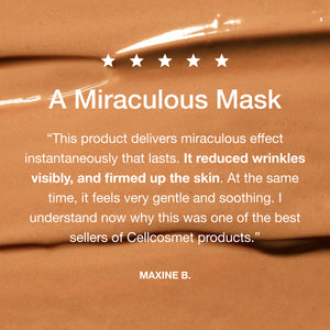 Precious mask with five-star rating and customer review on a brown background