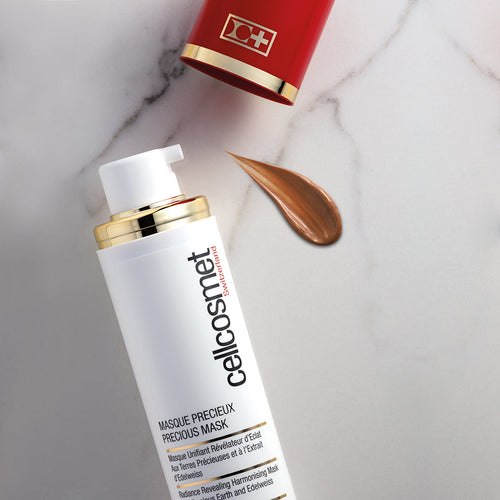 Cellcosmet Precious Mask on countertop with lid open and swatch