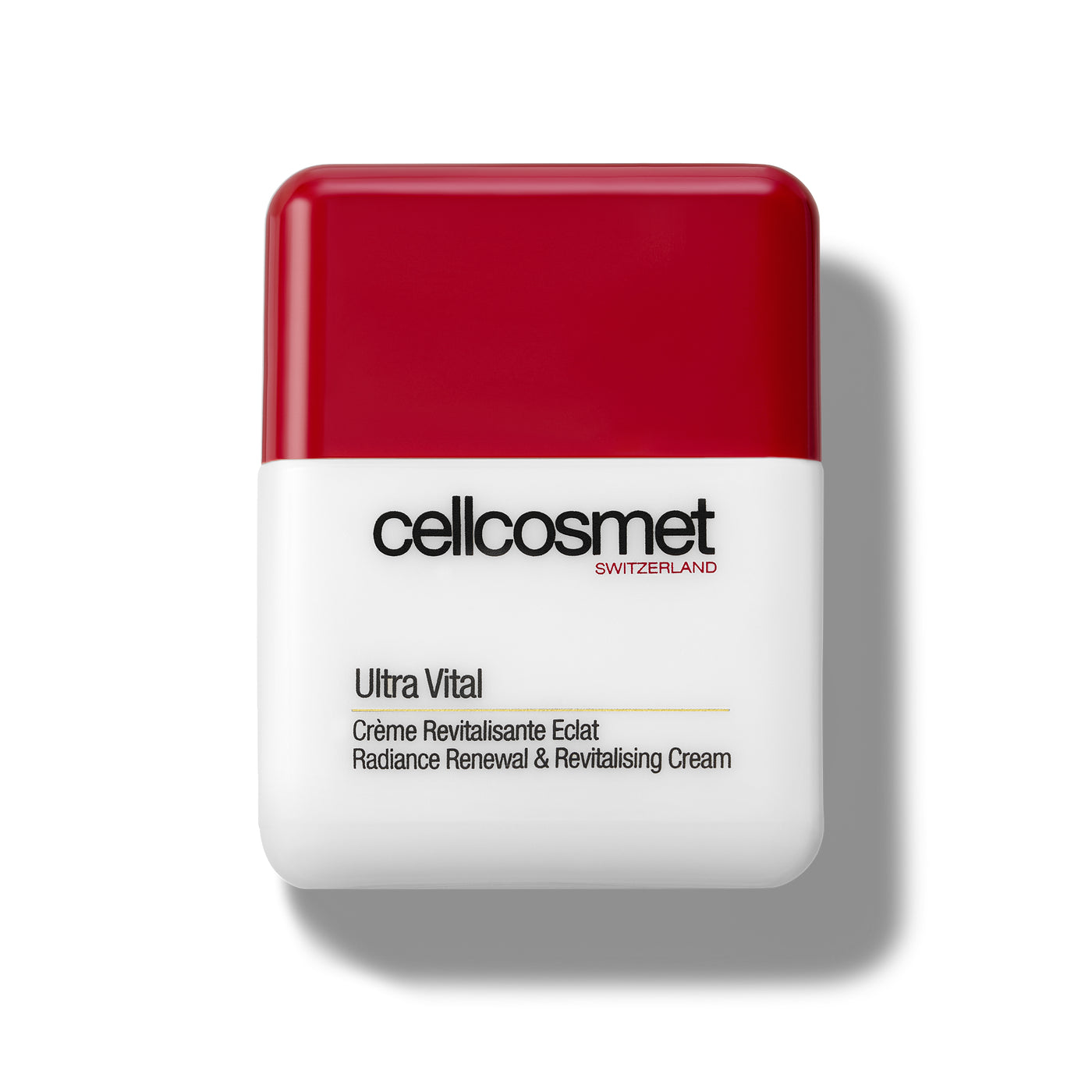 Cellcosmet Ultra Vital cream packaging with red top and white base on a white background