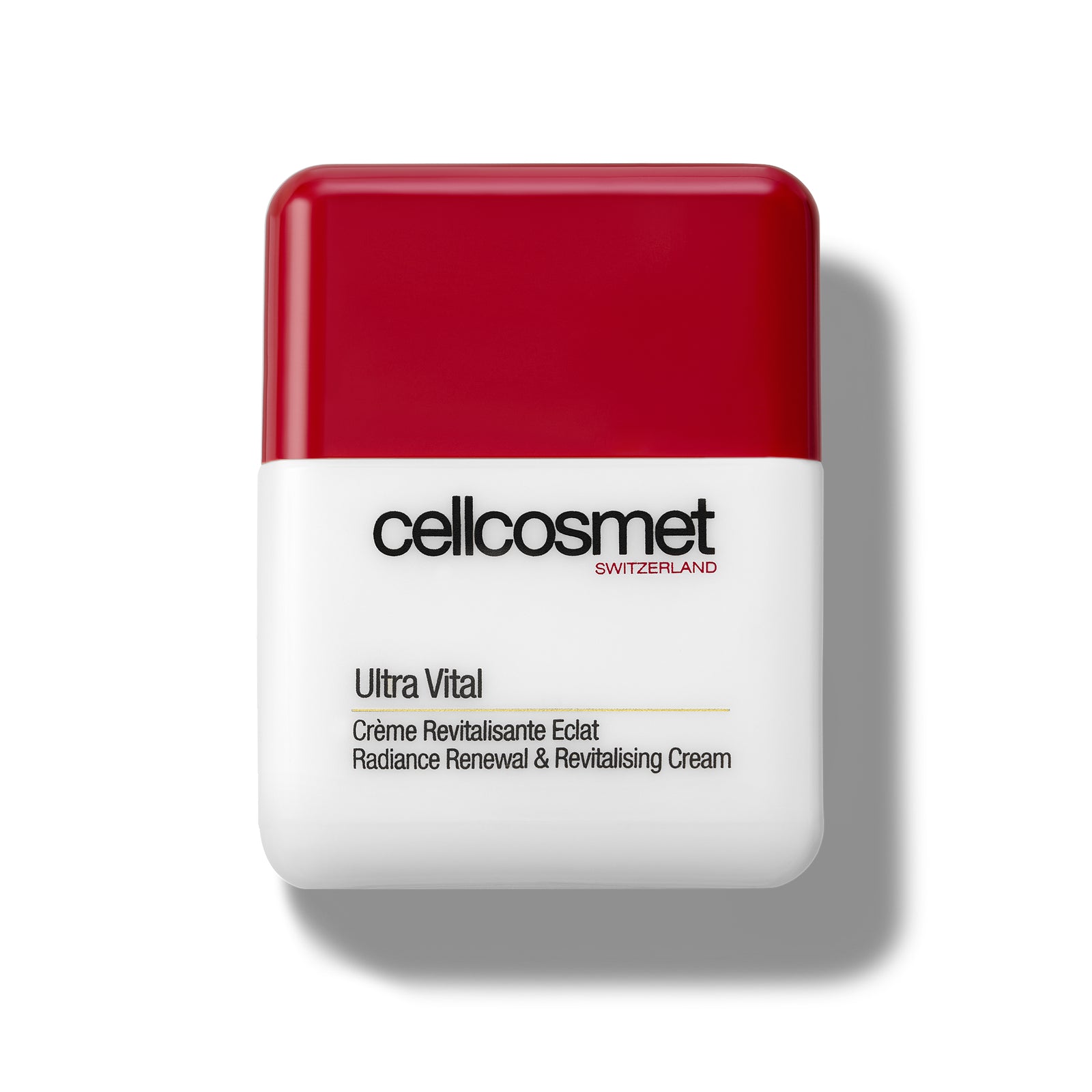Cellcosmet Ultra Vital cream packaging with red top and white base on a white background