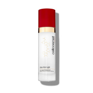 ultra vital light bottle with red cap and white body on a white background