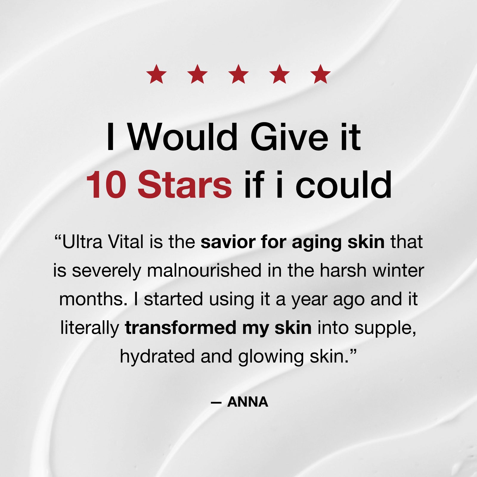 Product review with five red stars and text praising the product's effectiveness on skin.