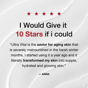 Product review with five red stars and text praising the product's effectiveness on skin.
